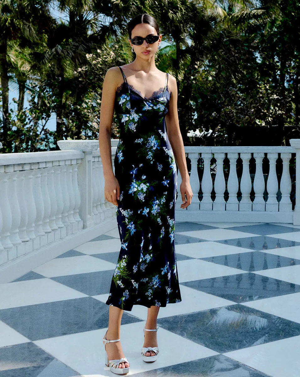 Bixie Stretch-Silk Slip Dress in Navy Multi>Veronica Beard Sale