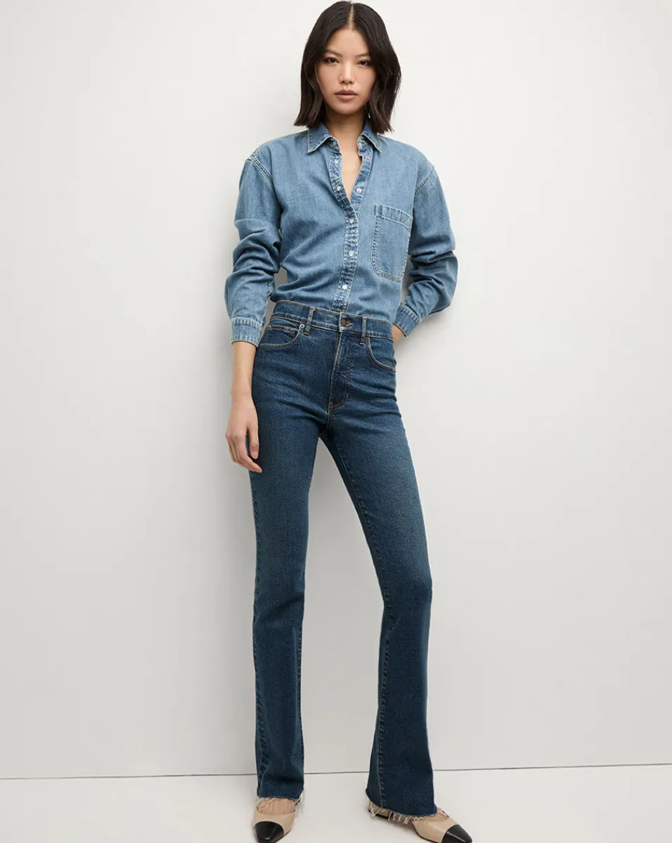 Cameron Bootcut Jean with Raw Hem in Dark Blue Denim>Veronica Beard New