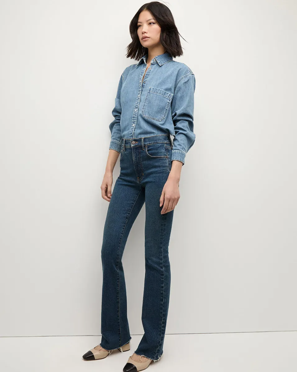 Cameron Bootcut Jean with Raw Hem in Dark Blue Denim>Veronica Beard New