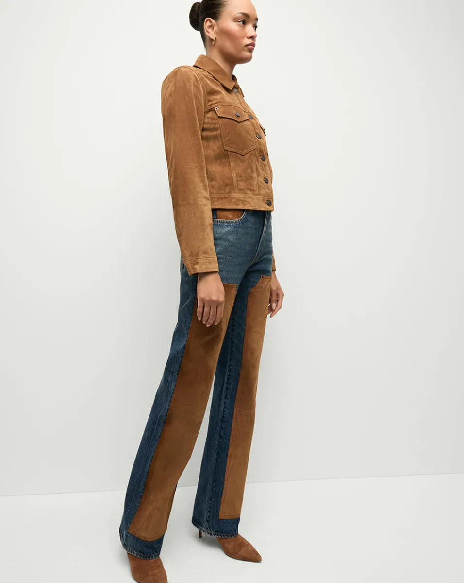 Dylan Suede-Patchwork Straight-Leg Jean in Equinox Blue>Veronica Beard Sale