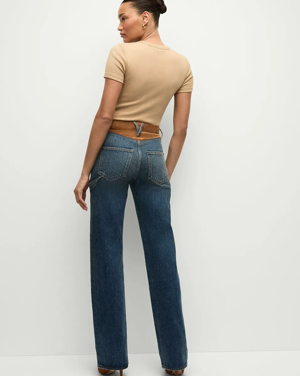 Dylan Suede-Patchwork Straight-Leg Jean in Equinox Blue>Veronica Beard Sale