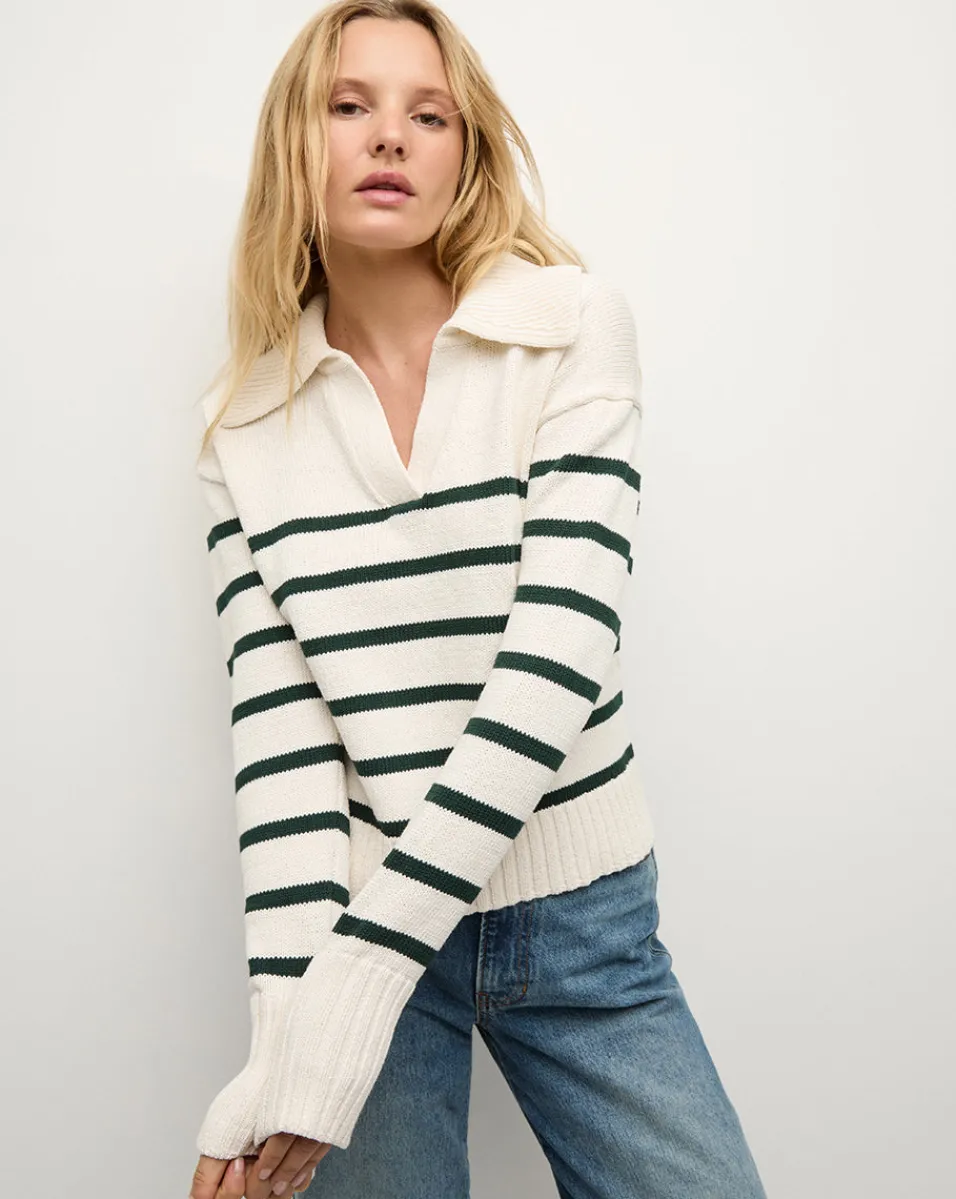 Jovie Striped V Neck Sweater in Ivory & Green>Veronica Beard Outlet