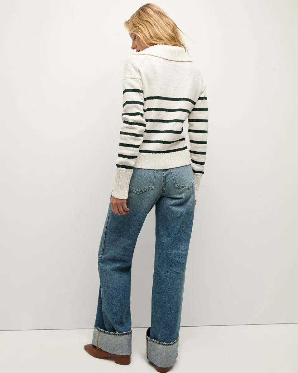 Jovie Striped V Neck Sweater in Ivory & Green>Veronica Beard Outlet
