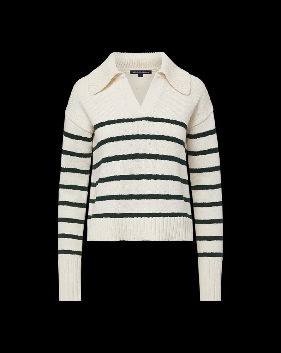 Jovie Striped V Neck Sweater in Ivory & Green>Veronica Beard Outlet