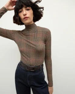 Nate Plaid Turtleneck Top in Camel & Black><noscript><img width=