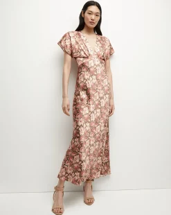Seymour Stretch-Silk Dress in Deep Ochre Multi>Veronica Beard Sale
