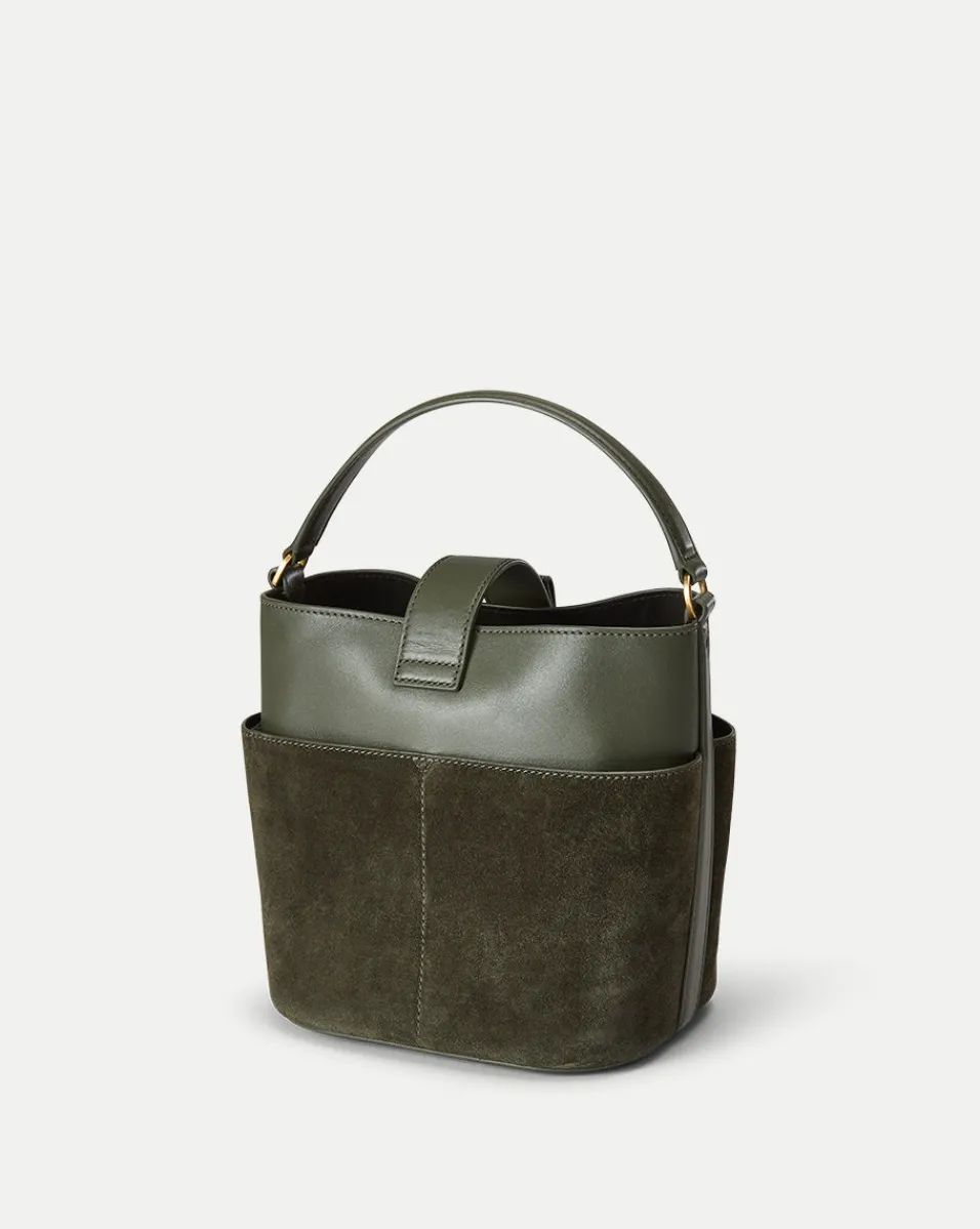 Small Crest Lock Suede Bucket Bag in>Veronica Beard Outlet