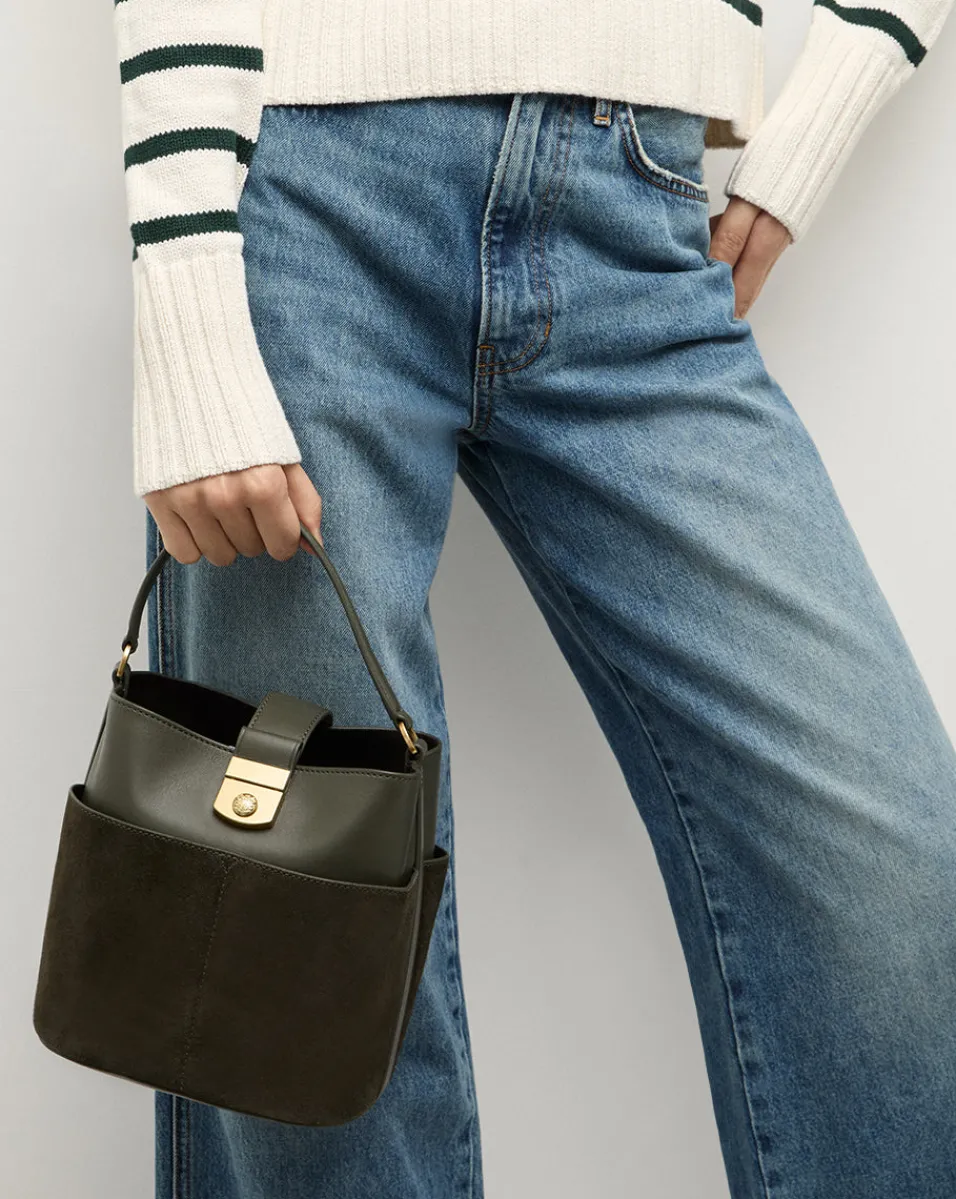 Small Crest Lock Suede Bucket Bag in>Veronica Beard Outlet