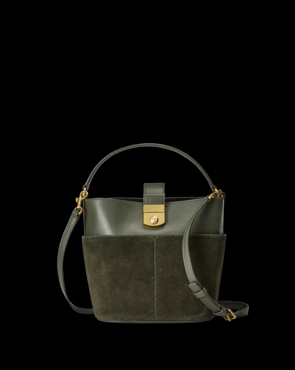 Small Crest Lock Suede Bucket Bag in>Veronica Beard Outlet