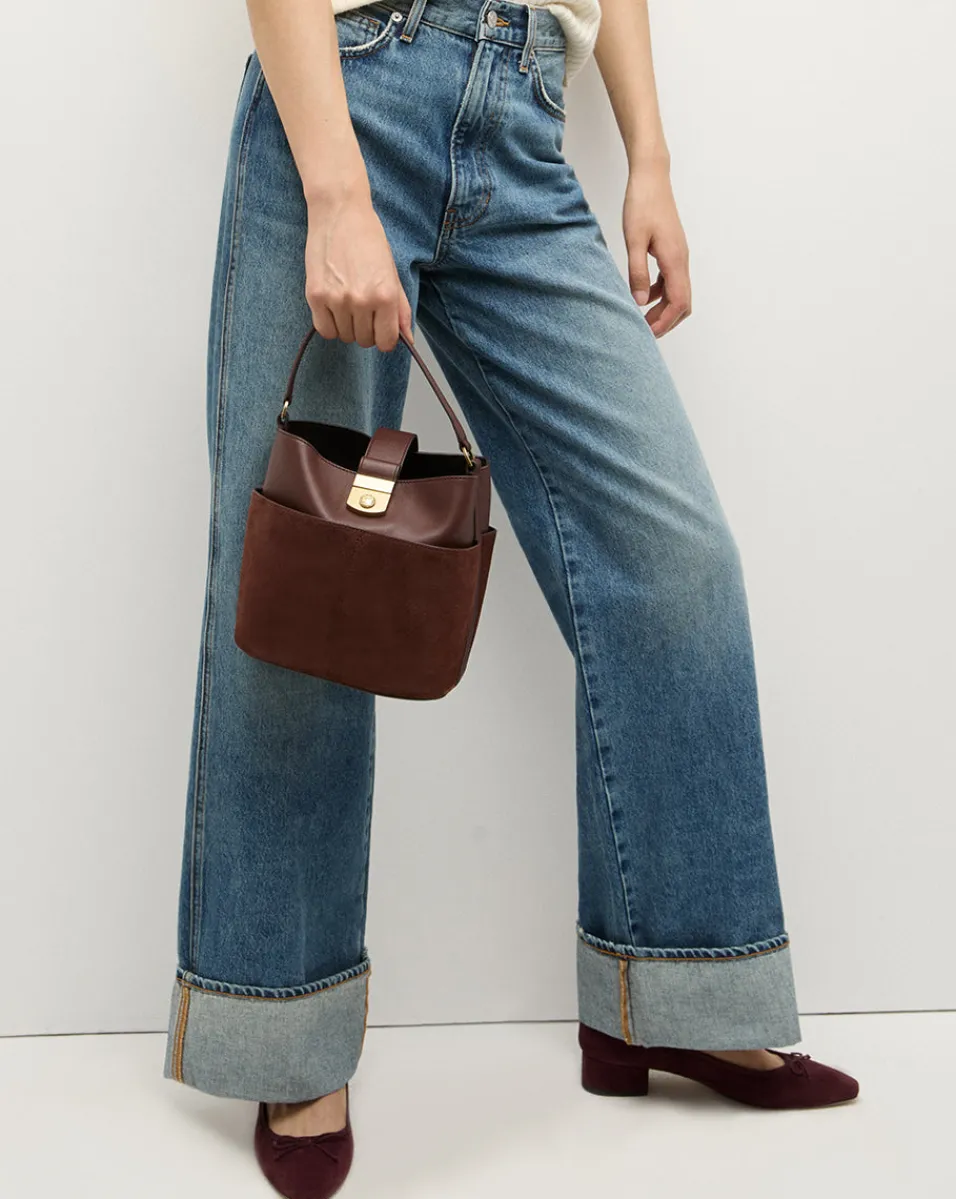 Small Crest Lock Suede Bucket Bag in>Veronica Beard Discount