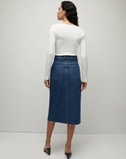 Victoria Raw-Edge Midi Denim Skirt><noscript><img width=